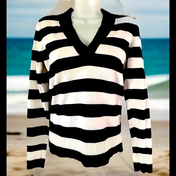⚓️ANN TAYLOR⚓️ COTTON V-NECK STRIPED LONG SLEEVE SUMMER SWEATER EUC☀️ - Picture 1 of 6